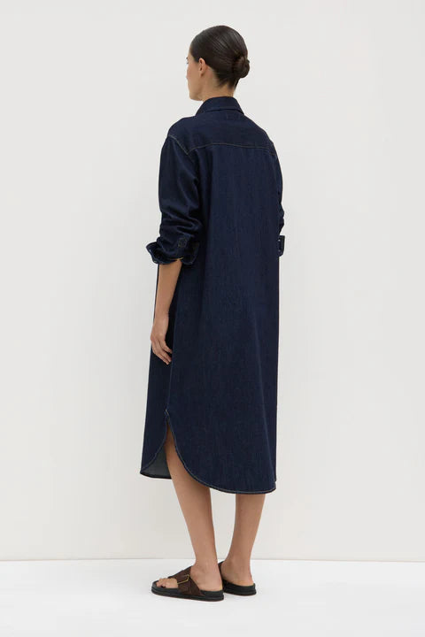 Recycled Denim Midi Shirt Dress / Kiera - Deep Indigo