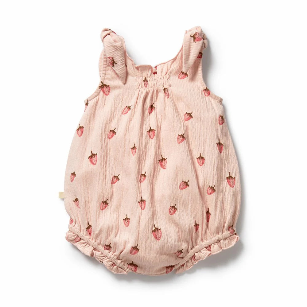 Organic Tie Playsuit / Strawberry Kisses