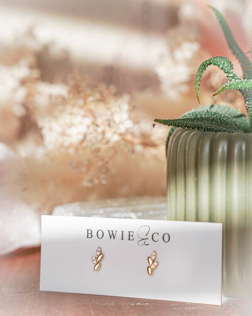 Gold Leaf CZ Stud Earrings: Gold