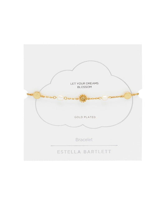 Flower Pearl Hammered Disc Bracelet / Gold Plated