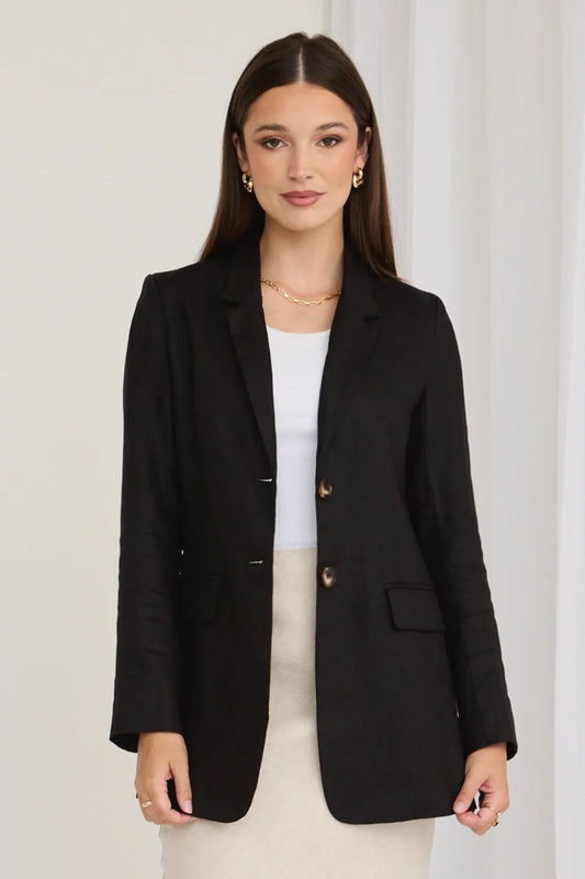 Aster Linen Long Line Blazer | Black