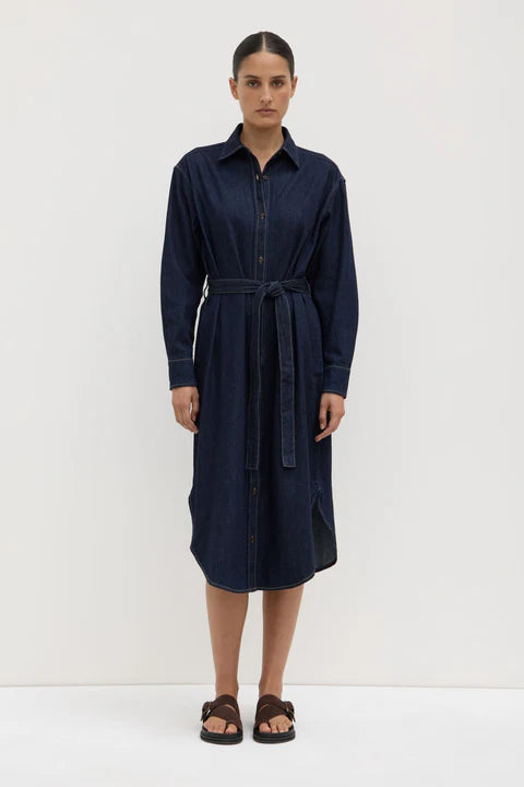 Recycled Denim Midi Shirt Dress / Kiera - Deep Indigo