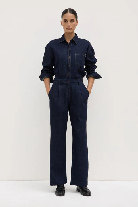 Recycled Denim Pleat Front Pant / Kiera - Deep Indigo