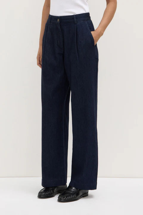 Recycled Denim Pleat Front Pant / Kiera - Deep Indigo