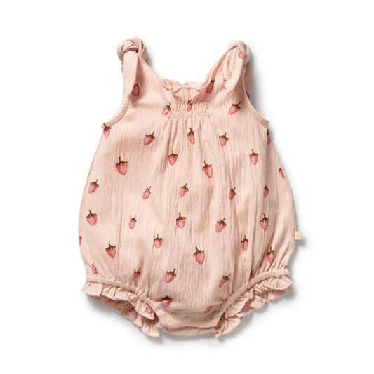 Organic Tie Playsuit / Strawberry Kisses