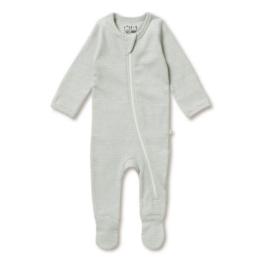 Organic Stripe Rib Zipsuit with Feet / Fern