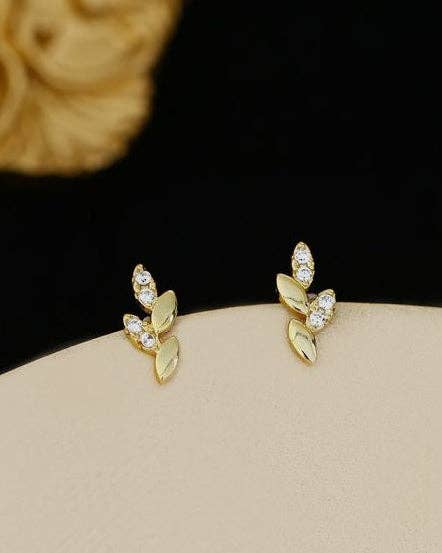 Gold Leaf CZ Stud Earrings: Gold