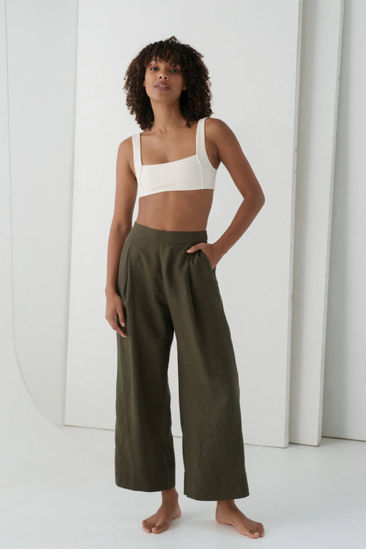 Ivy Cropped Linen Pants / Khaki