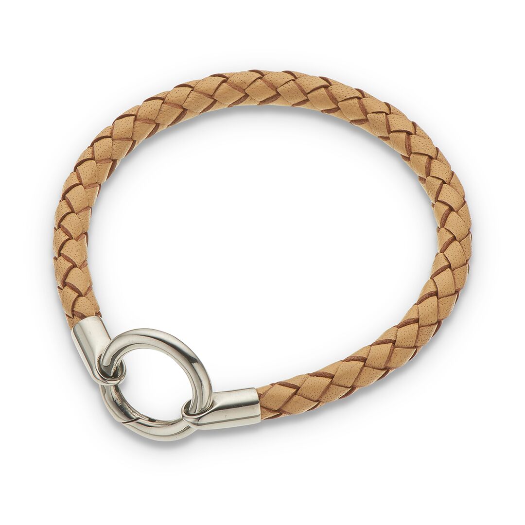 Natural Round Thick Plaited Leather Bracelet - 20.5CM